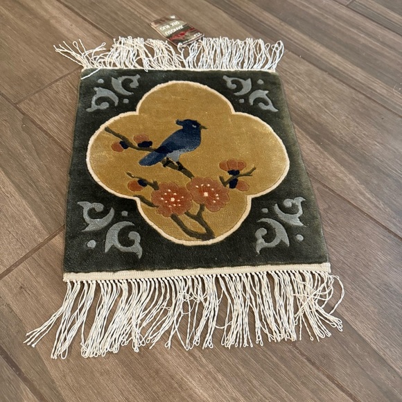 Vintage Small Chinese Silk Woven Rug Tapestry Fringe Blue Jay 12"x 13.5” NWT - Picture 3 of 7